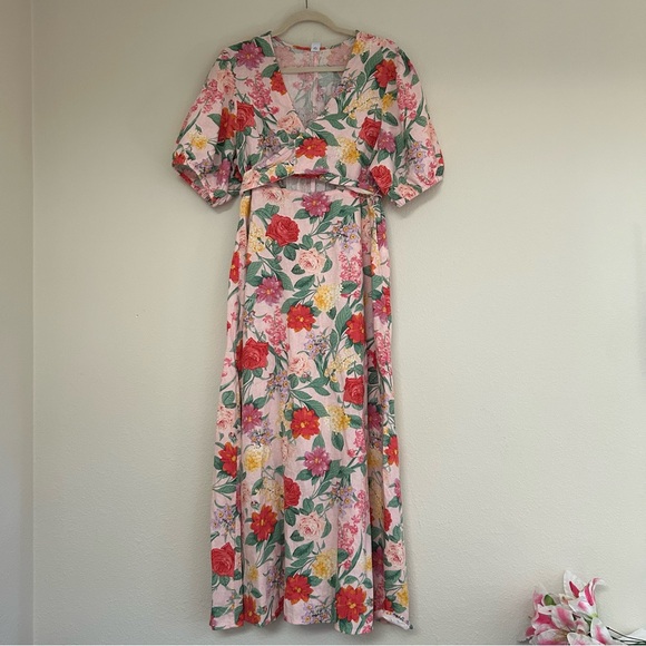 Old Navy Dresses & Skirts - Old Navy - Pink Criss-Cross Keyhole Wrap Bubble-Sleeve Linen Maxi Summer Dress